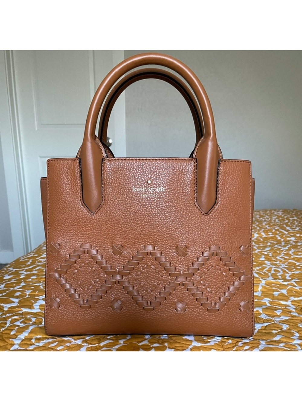 Kate Spade Tan Woven-Detail Leather Satchel